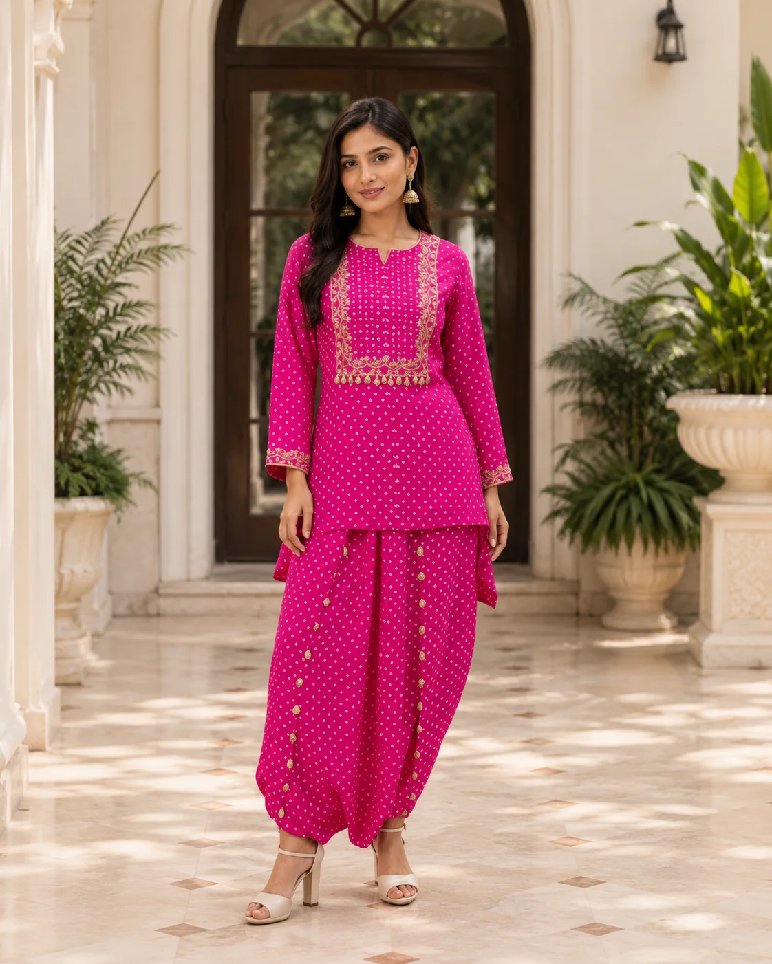 Fuchsia Pink Embroidered Kurta with Dhoti Pants