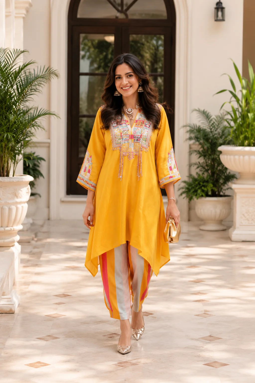Mustard Yellow Designer Kurta with Striped Palazzo
