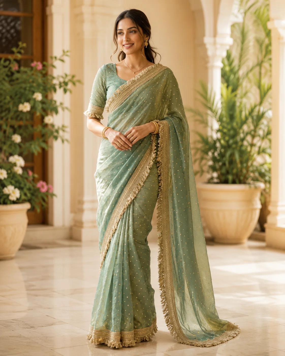 Sage Green Organza Saree with Delicate Gold Embellishments