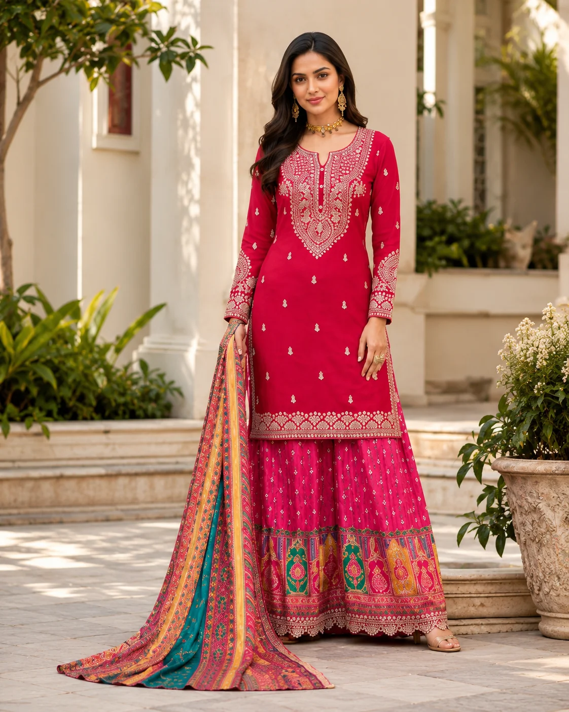 Crimson Red Heavy Work Sharara Set