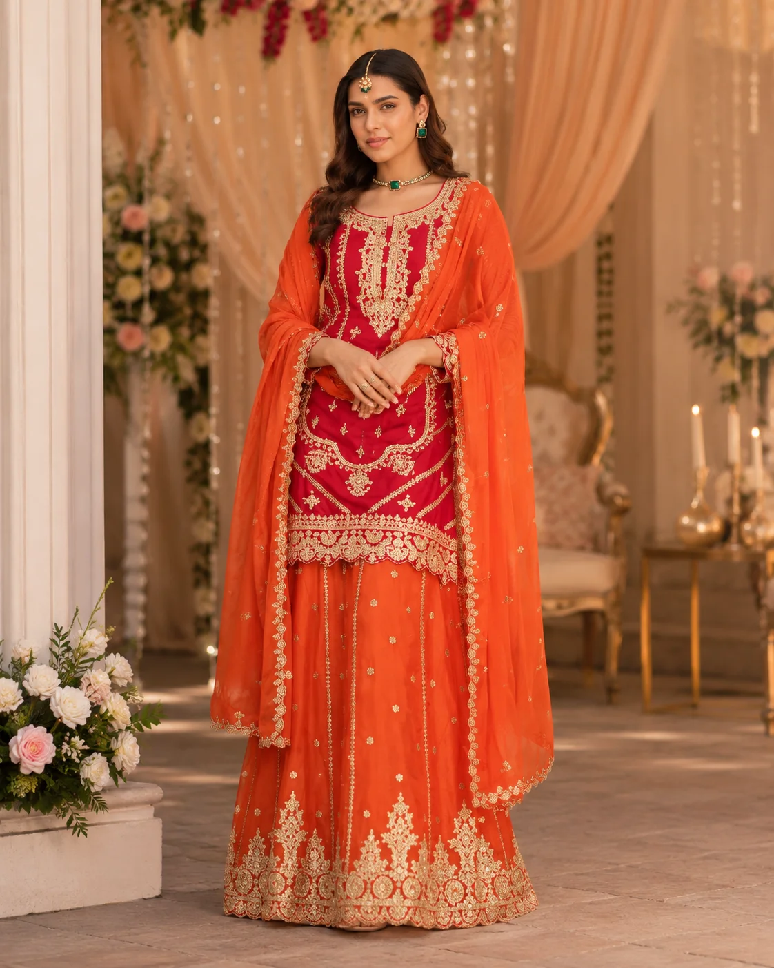 Crimson Red Heavy Work Sharara Set