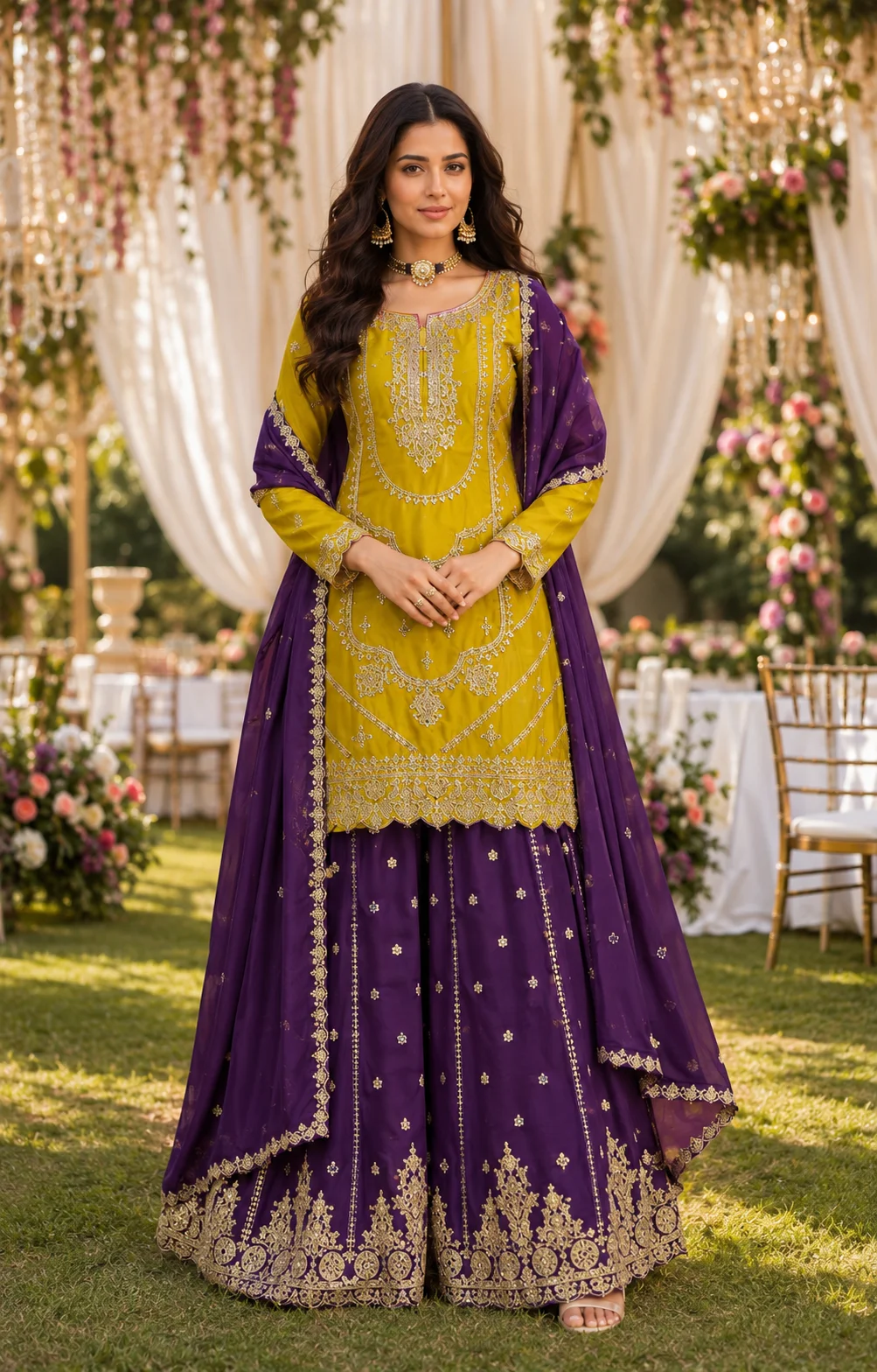 Mustard & Purple Heavy Work Sharara Set