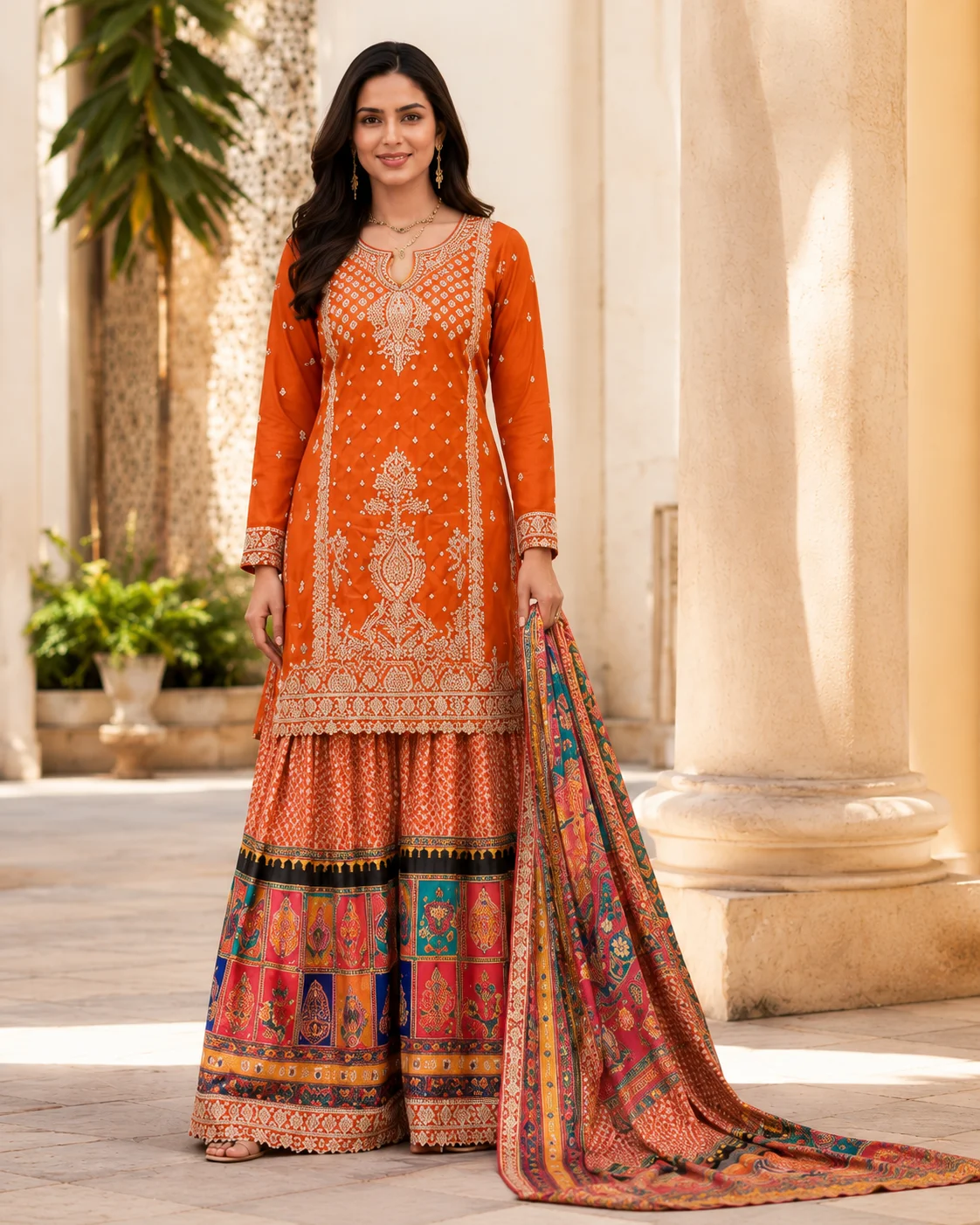 Rust Orange Heavy Work Sharara Set