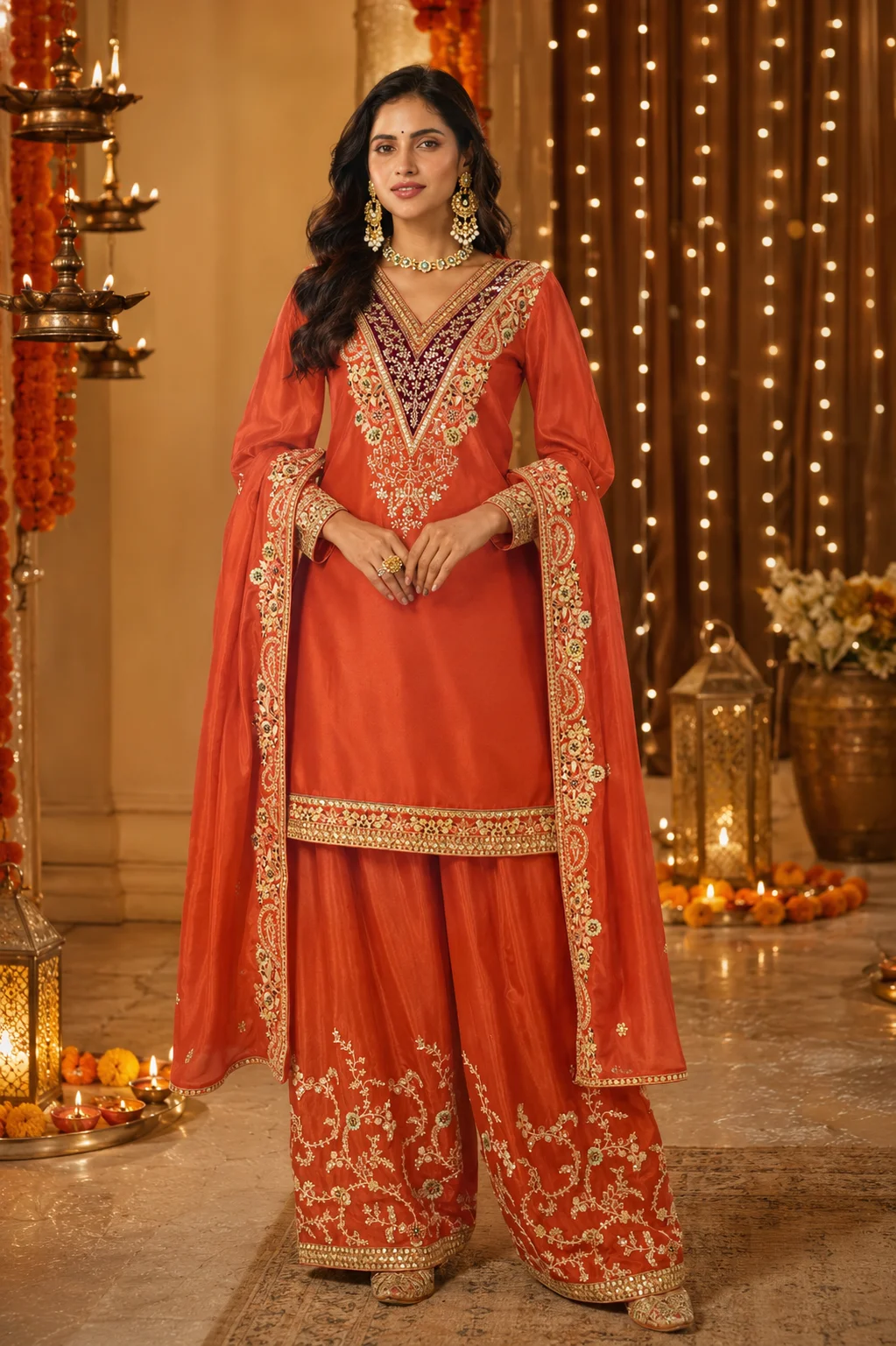 Orange Embroidered Sharara Set