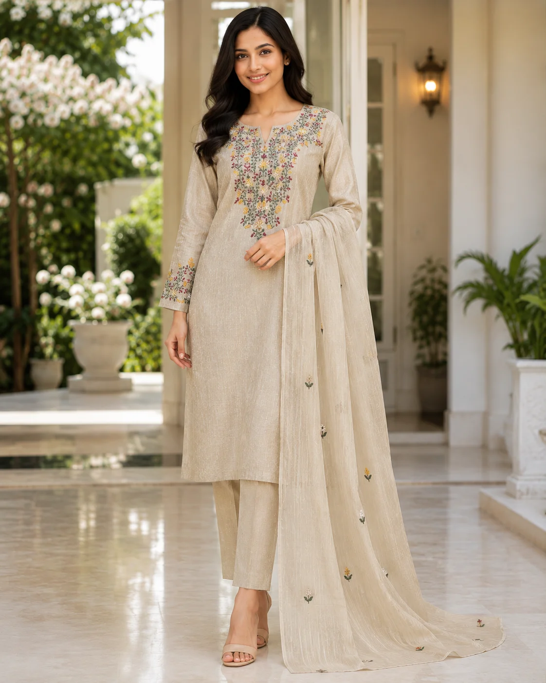 pure Mul Tusser Silk suit with beautiful handwork.