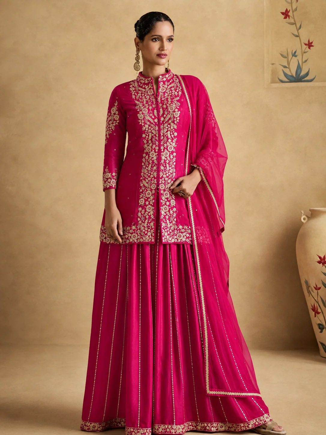 Roman Silk Magenta Embroidered Sharara Set