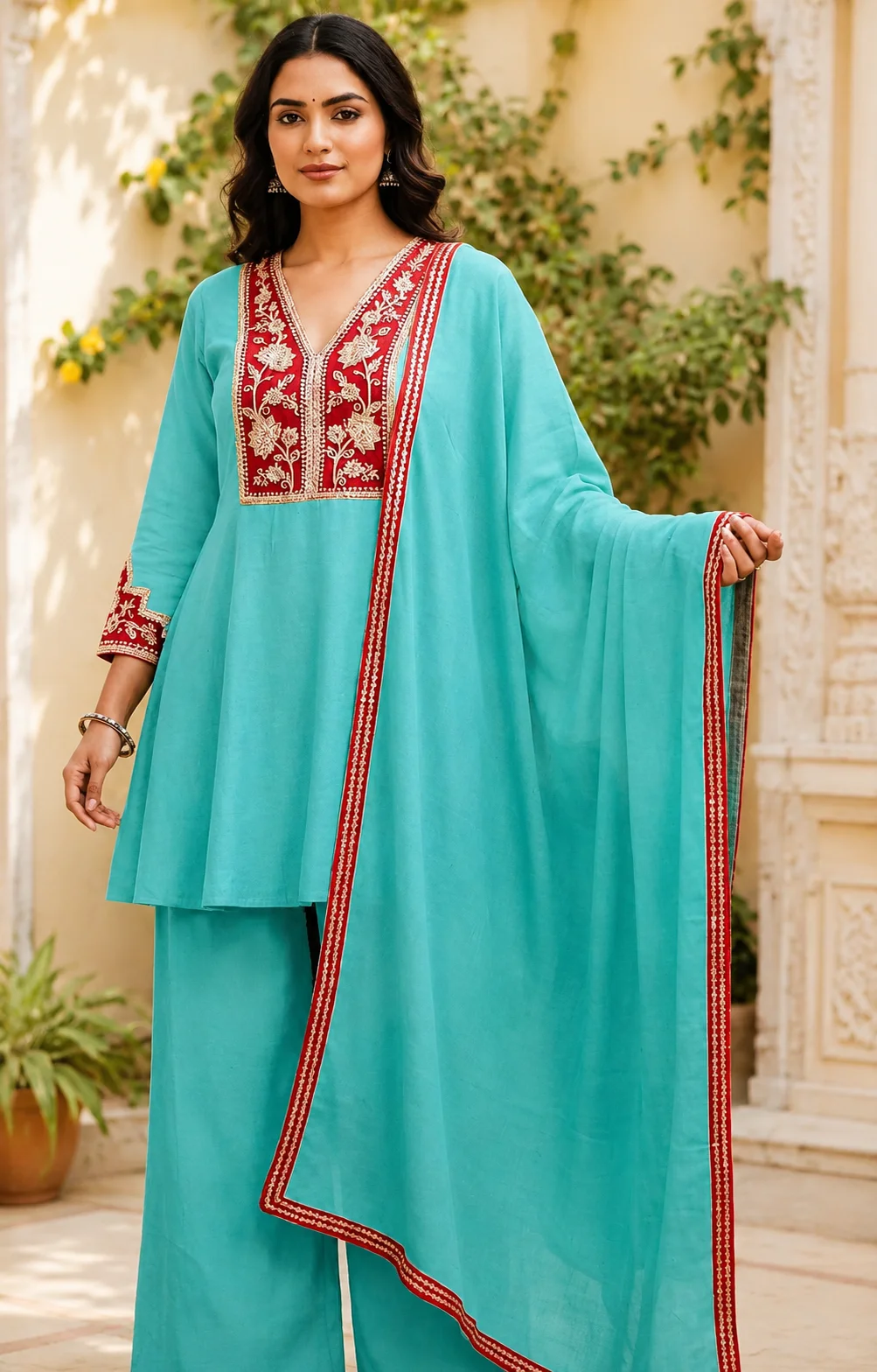 Roman Silk suit with sleeve work & divider Plazo